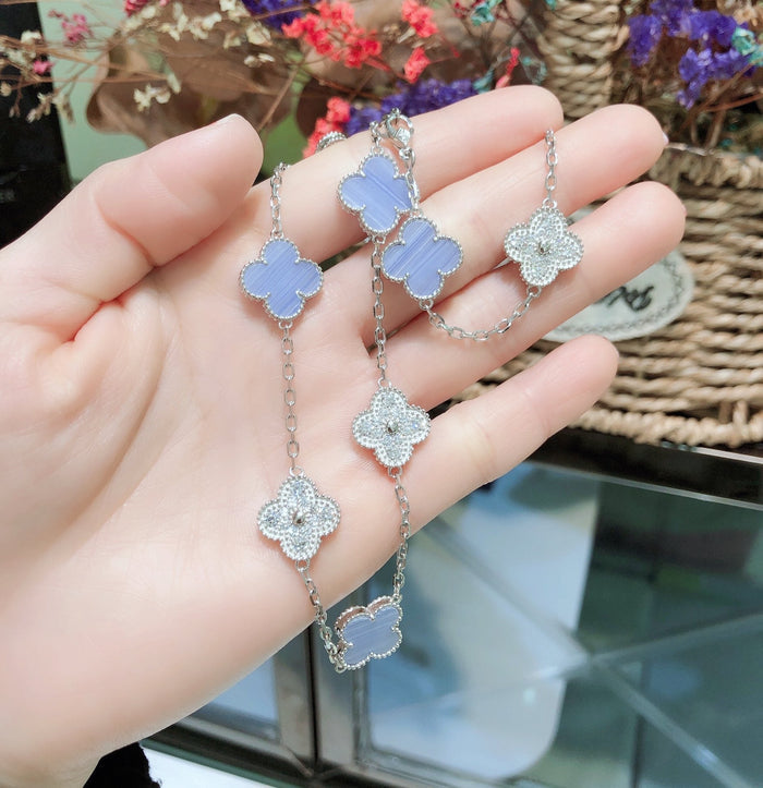 [MIRA]CLOVER 10 MOTIFS CHALCEDONY DIAMONDS SILVER NECKLACE