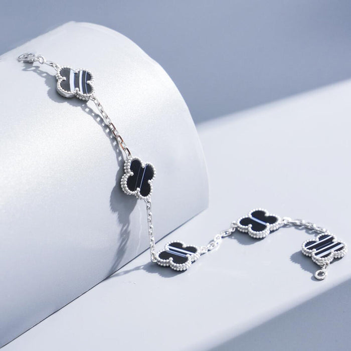 [MIRA]CLOVER 5 MOTIF VEINED ONYX BRACELET SILVER