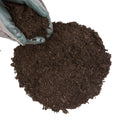 A person wearing gardening gloves is holding and displaying a handful of green organic compost.