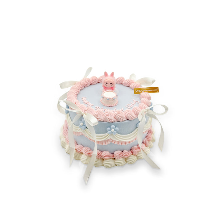 VaVa Designer Cakes Pastel labubu Ribbon Chiffon Cake – Sweet Bow & Bloom Delight