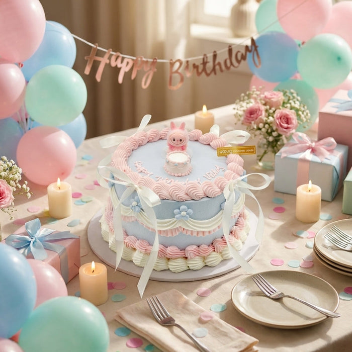 VaVa Designer Cakes Pastel labubu Ribbon Chiffon Cake – Sweet Bow & Bloom Delight