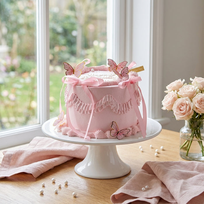 VaVa Designer Cakes Pink Butterfly Ribbon Chiffon Birthday Cake - Soft, Romantic & Picture-perfect
