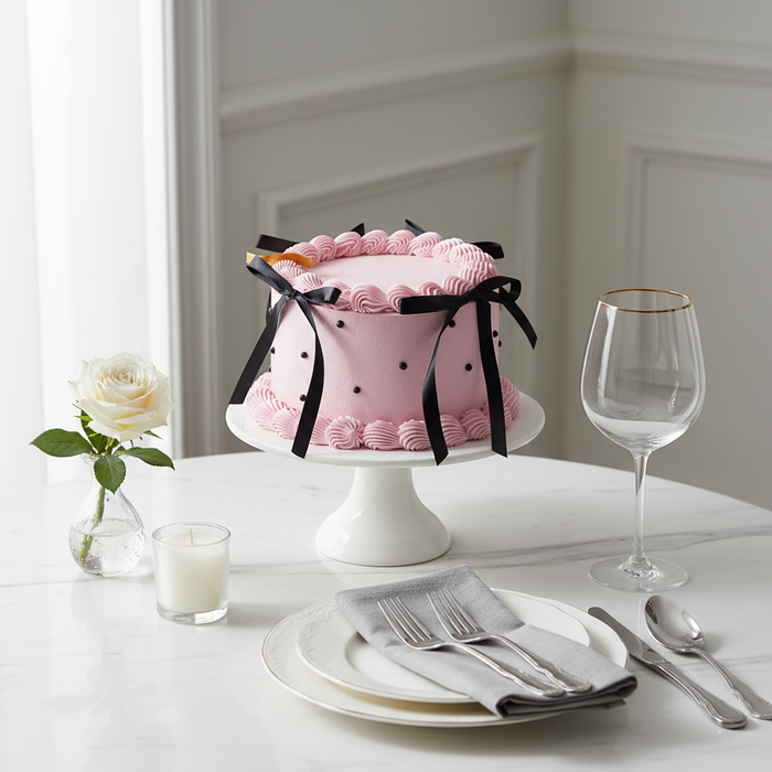 VaVa Designer Cakes Pink Ribbon Elegance Cake – Chic Chiffon Cake with Black Bow Accents
