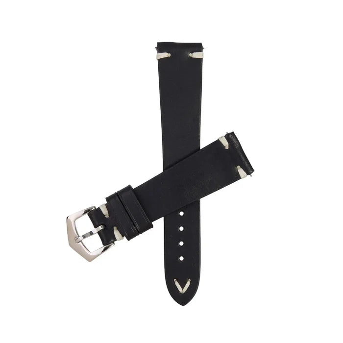 Premium Tuscan Black Leather Watch Strap by Milano Straps featuring vintage stitching and stainless steel buckle, ideal for luxury timepieces.