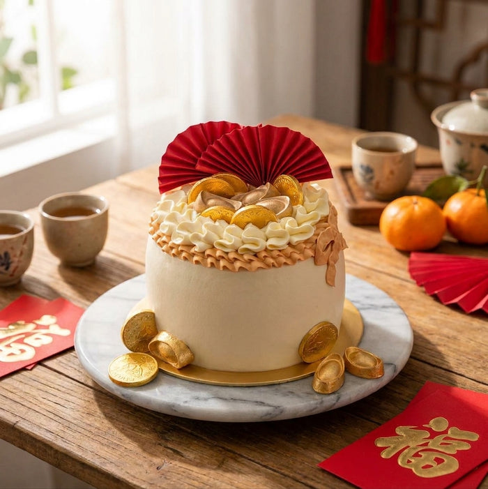 VaVa Designer Cakes Prosperity Gold Ingot & Red Fan Chiffon Cake – Luxurious and Joyful celebration