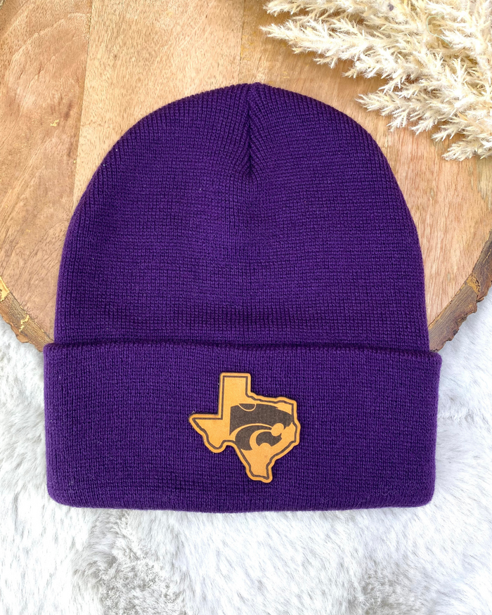 Purple Wildcat Leather Patch Beanie