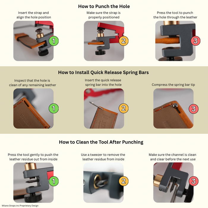Quick release spring bar hole punch tool for creating strap holes to fit quick release spring bars securely