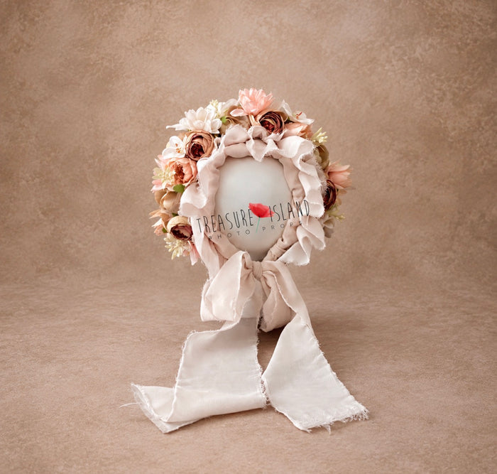 Romantic handmade floral bonnet in blush, cappuccino and coral tones for newborn and sitter photography