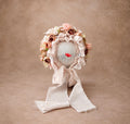 Romantic handmade floral bonnet in blush, cappuccino and coral tones for newborn and sitter photography
