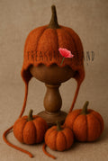 Rustic pumpkin bonnet with three hand-felted pumpkins for newborn and sitter photography
