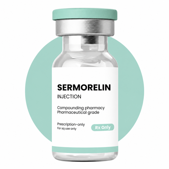 Sermorelin injection vial with a green circle in the background