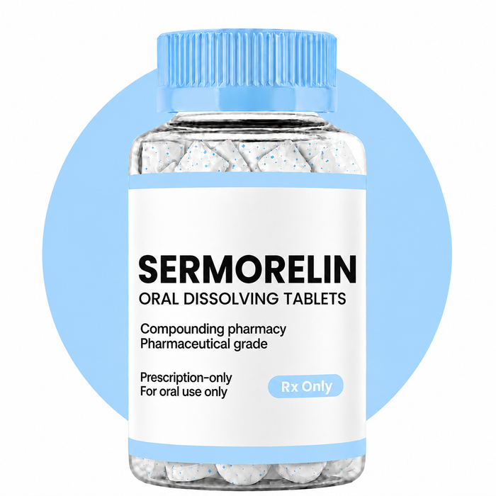 Bottle of Sermorelin oral dissolving tablets with a blue circular background