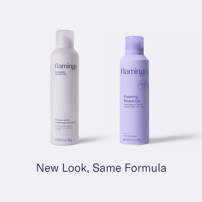 Image showing the updated packaging for the shave gel from the white can to the new lavender can.