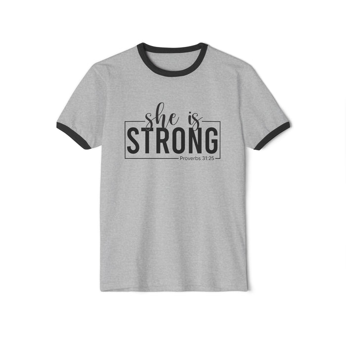 She Is Strong  - Unisex Cotton Ringer T-Shirt - Black Classic Logo Front Plain Back