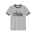 She Is Strong  - Unisex Cotton Ringer T-Shirt - Black Classic Logo Front Plain Back