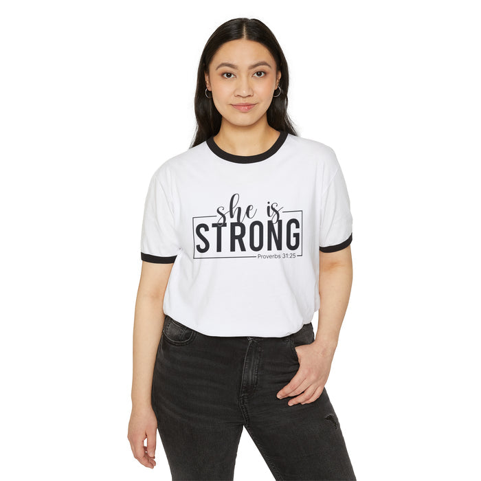 She Is Strong  - Unisex Cotton Ringer T-Shirt - Black Classic Logo Front Plain Back
