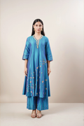 Teal blue silk kurta set