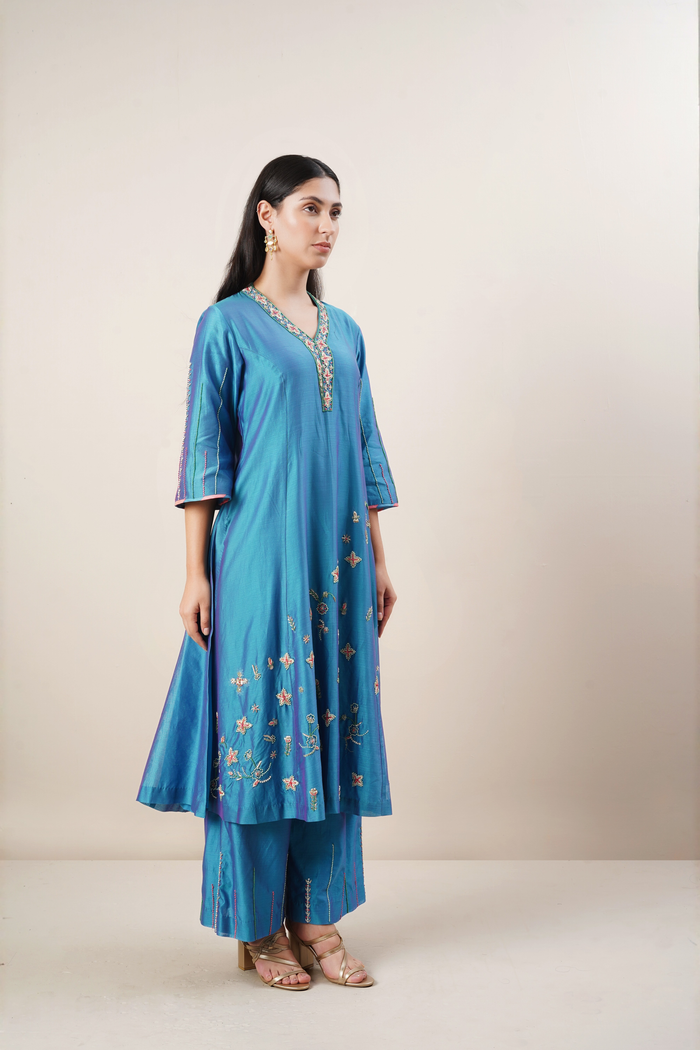 Teal blue silk kurta set