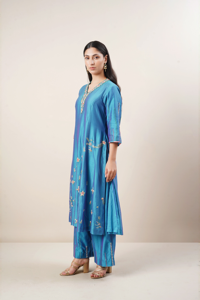 Teal blue silk kurta set
