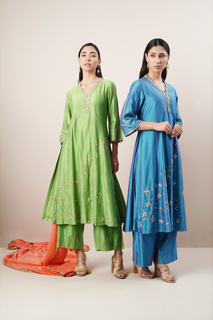 Teal blue silk kurta set