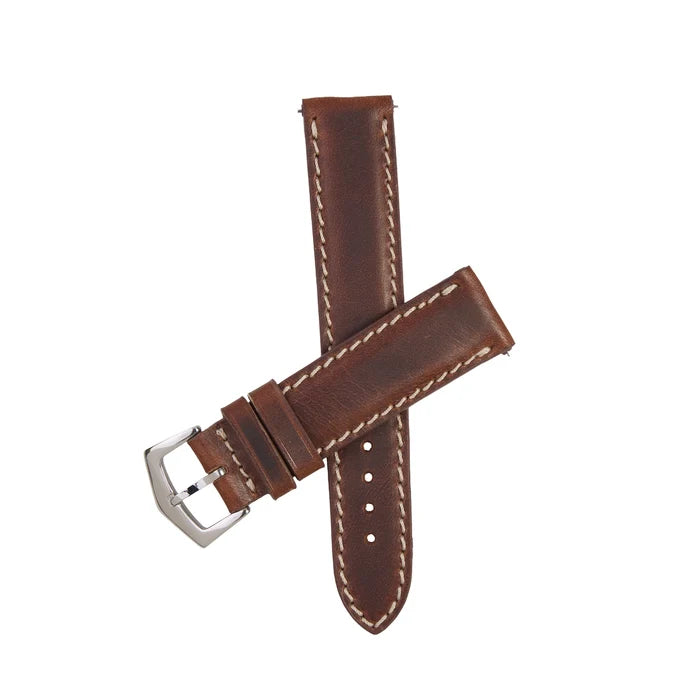 Tuscan Vintage Brown Leather Watch Strap with white stitching and stainless steel buckle, handcrafted in Italy for classic timepieces.