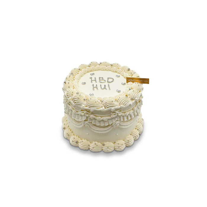 VaVa Designer Cakes Vintage Pearl Chiffon Cake – Ivory Ruffles with Silver Dragees