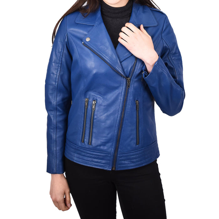 Womens Cross Zip Genuine Leather Jacket Biker Chic Style Blue Julie