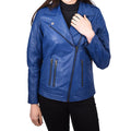 Womens Cross Zip Genuine Leather Jacket Biker Chic Style Blue Julie