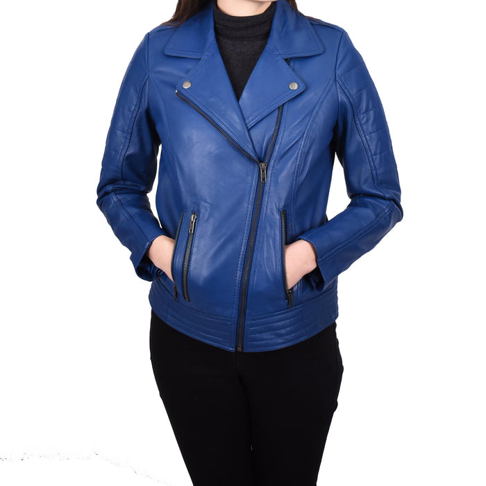 Womens Cross Zip Genuine Leather Jacket Biker Chic Style Blue Julie