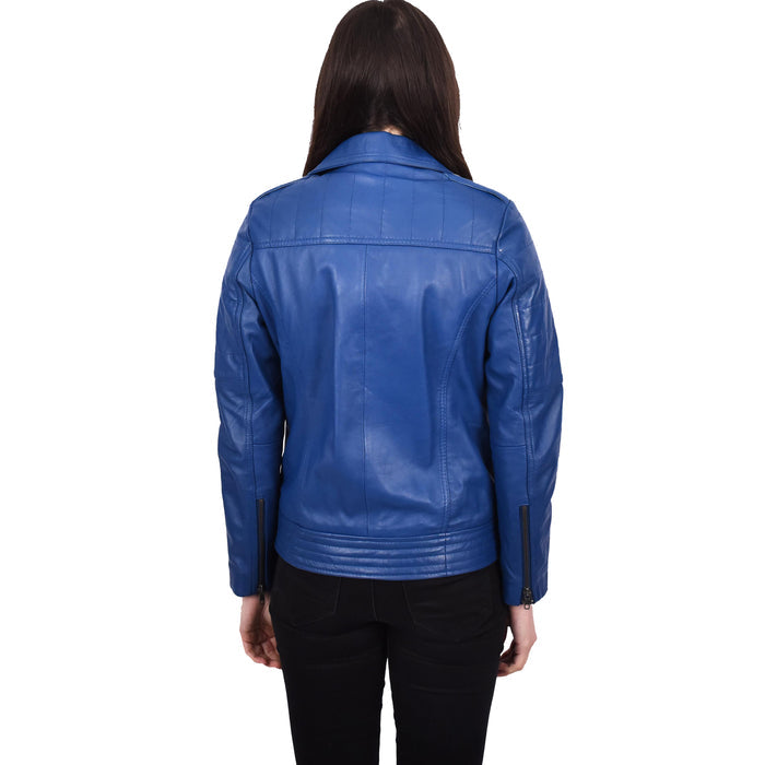 Womens Cross Zip Genuine Leather Jacket Biker Chic Style Blue Julie