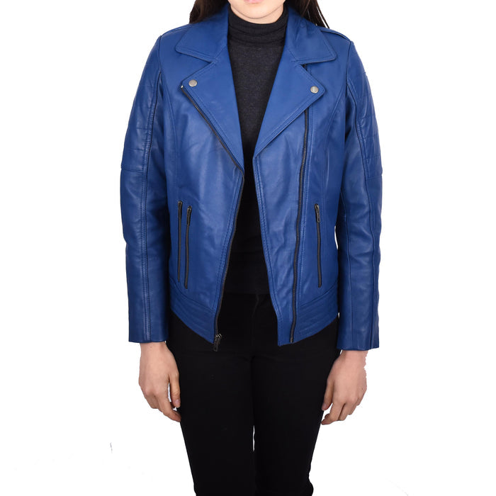 Womens Cross Zip Genuine Leather Jacket Biker Chic Style Blue Julie