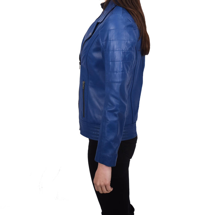 Womens Cross Zip Genuine Leather Jacket Biker Chic Style Blue Julie