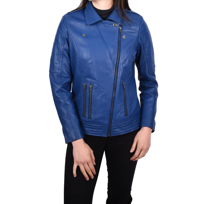 Womens Cross Zip Genuine Leather Jacket Biker Chic Style Blue Julie
