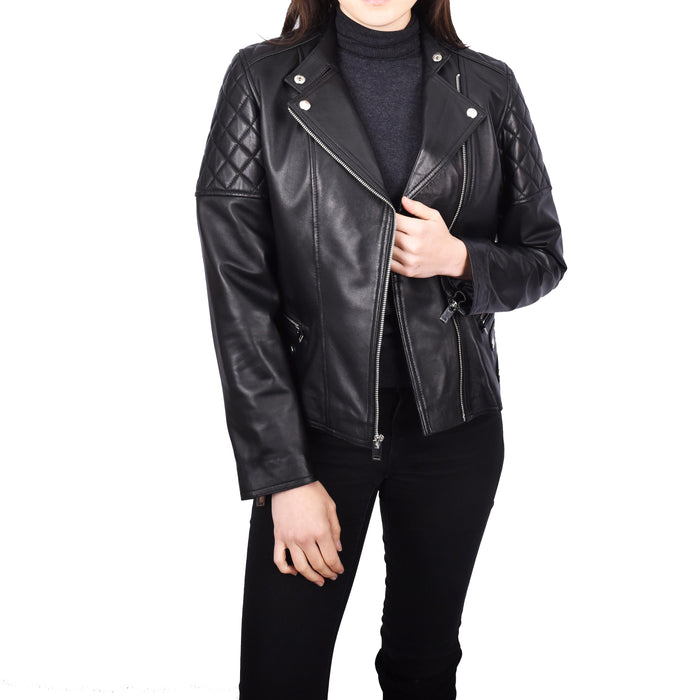 Women’s Genuine Leather Jacket Biker Style Simple Design Helene Black