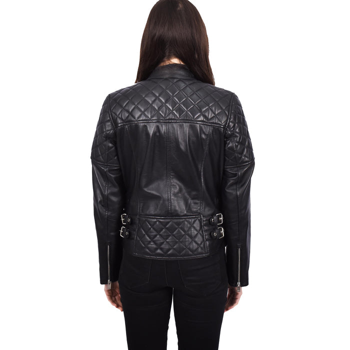 Women’s Genuine Leather Jacket Biker Style Simple Design Helene Black
