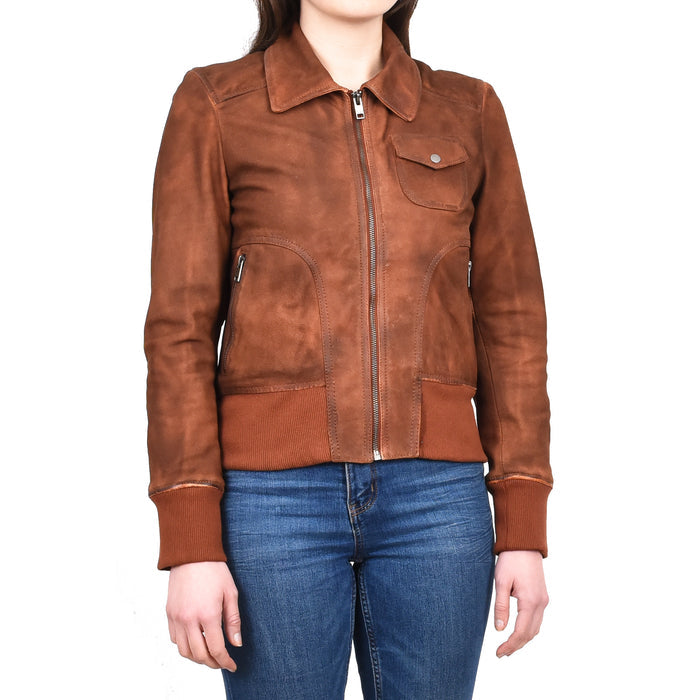 Women's Real Leather Bomber Jacket Slim Fit MA-1 Varsity Chloe Tan
