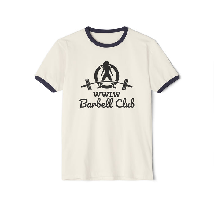 WWLW Barbell Club - Unisex Cotton Ringer T-Shirt - Black Logo Plain Back