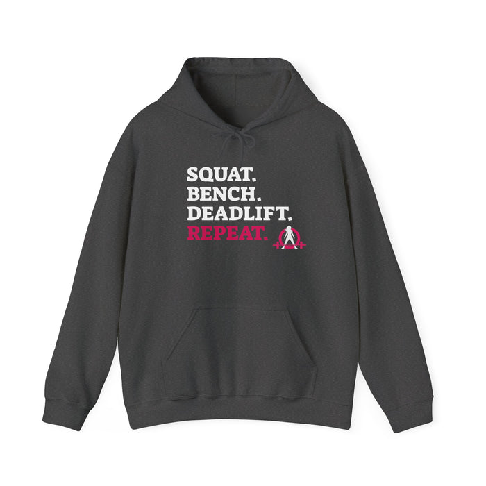WWLW “Squat • Bench • Deadlift • Repeat” Hoodie - White Logo - Plain Back